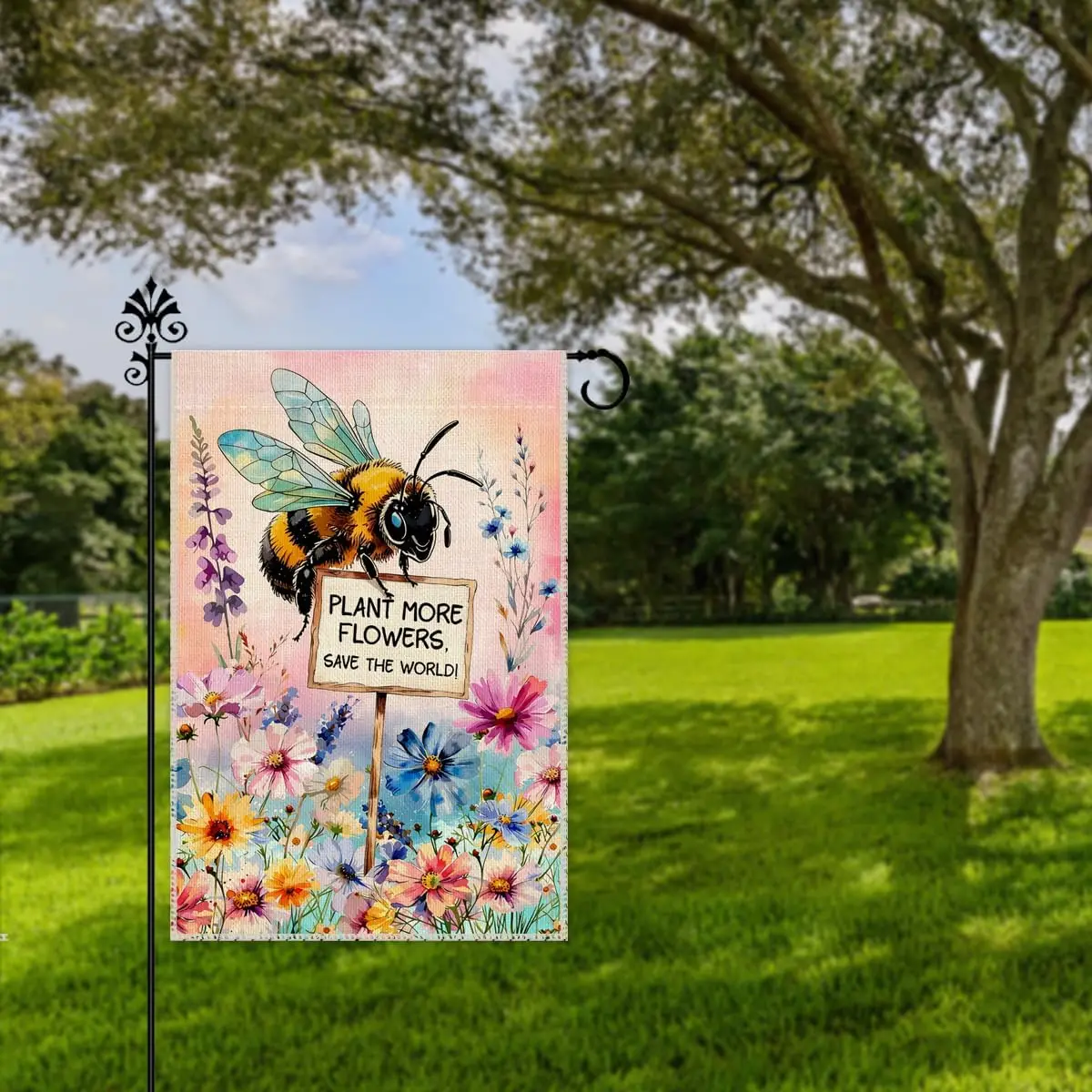 Hafhue Plant More Flowers Save The World Garden Flag, 12 x 18 Inch Double Sided Watercolor Bee Floral Yard Garden Lawn Patio ZZM
