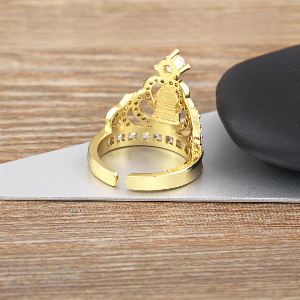 Nidin Classic Gold Plated Zircon Virgin Mary Crown Open Ring Religious Adjustable Luxury Top Quality Femme Party Accessories