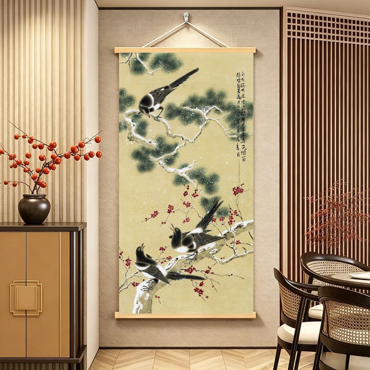 Chinese Flower and Bird Art Printmaking Retro Style Cedar, Plum Blossom, Magpie Flower and Bird Hanging Paintings