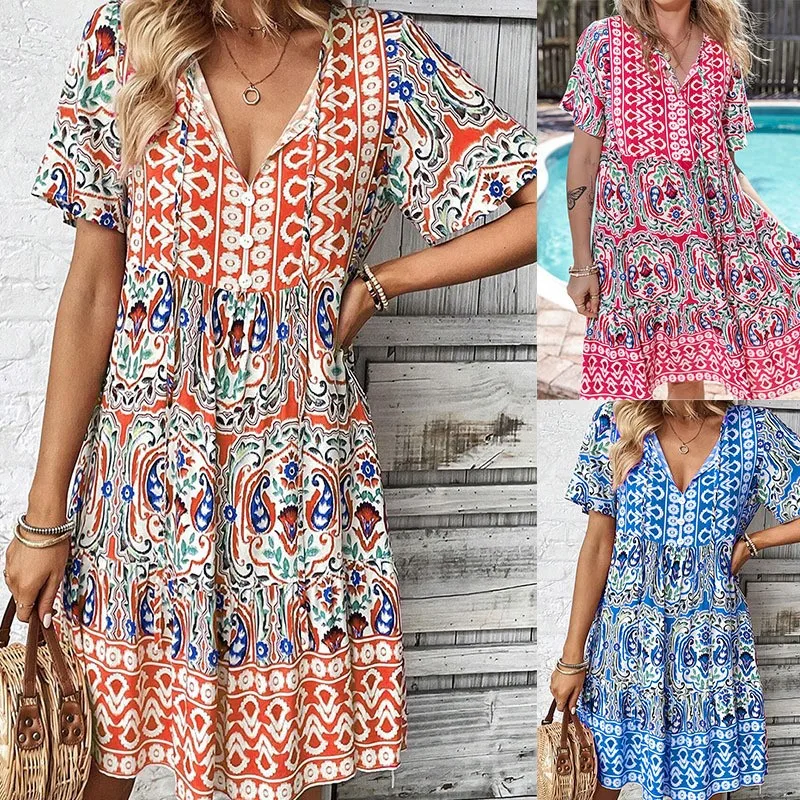Vintage Sukienka Damska Wiosna Lato Nowy Krótki Rękaw Dekolt V Nadruk Koronka Boho Casual Luźne Plażowe Wakacyjne Sukienki Midi Dla Kobiet