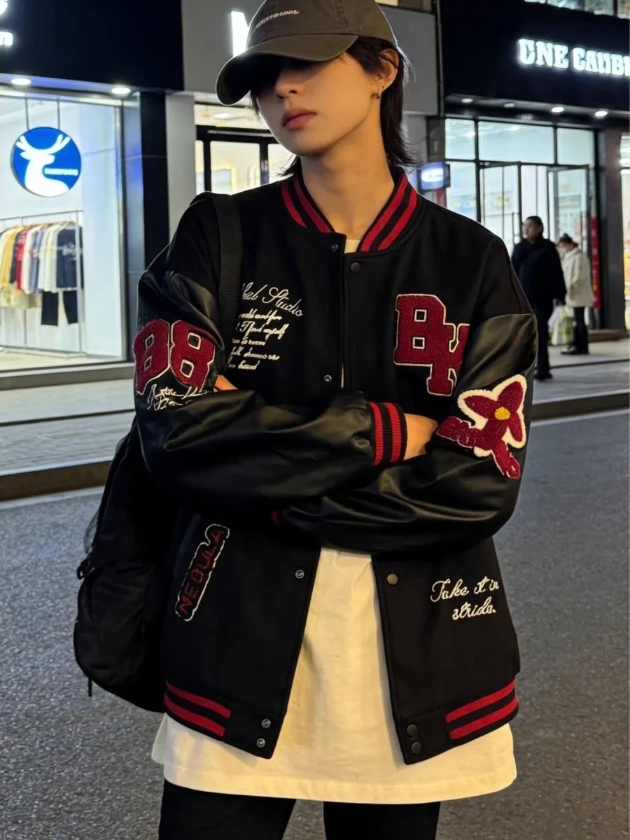 

Оверсайз бейсбольная куртка для подростков с вышивкой и вставками из искусственной кожи, в уличном американском стиле, модная верхняя одежда для мальчиков