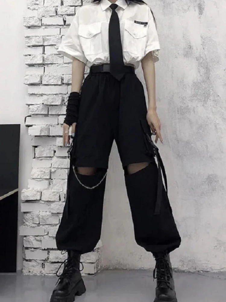 HOUZHOU Gothic Streetwear Women\'s Cargo Pants with Chain Punk Techwear Black Oversize Korean Fashion Wide Leg Trousers 2021 Alt