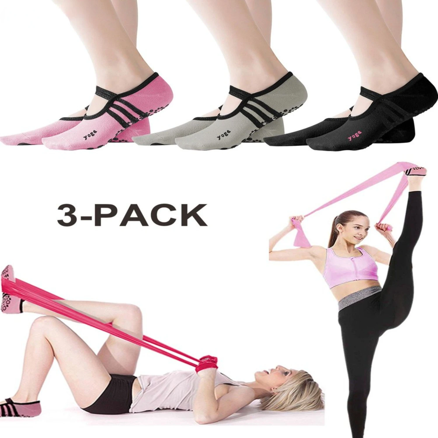 3er-Pack professionelle rutschfeste Yoga-Socken für Pilates, Ballett, Tanz – Gummi-Punkte-Radsocken – 3 Farben/Set