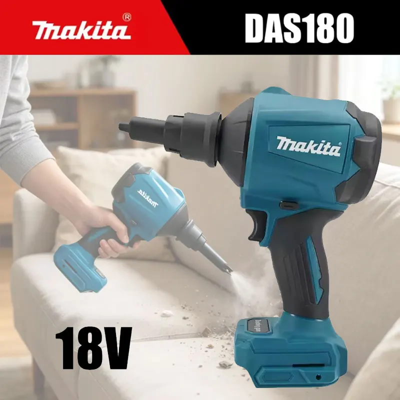 Soffiatore a batteria Makita DAS180 18V, ideale per tastiere, automodelli telecomandati e per la rimozione efficace della polvere da fessure strette (fornito con batteria e kit di accessori).