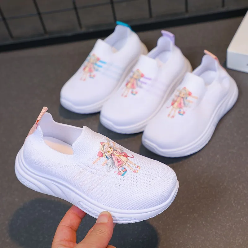Children Running Sneakers Girls Kids Shoes Mesh Knit Breathable Anti-Slip Walking Anime Print Toddler Soft Soled Casual Shoes