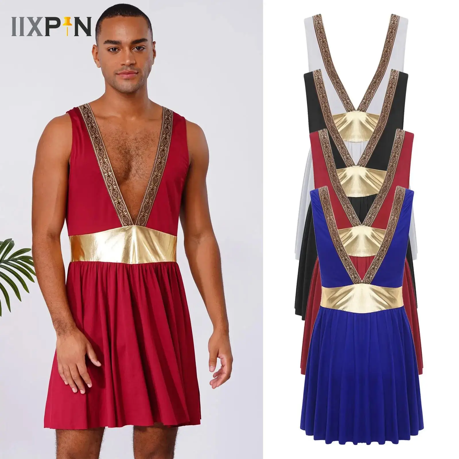 

Mens Ancient Greek God Gladiator Cosplay Costumes Toga Sleeveless Metallic Waist Roman Robe for Halloween Fancy Dress Ball Theme