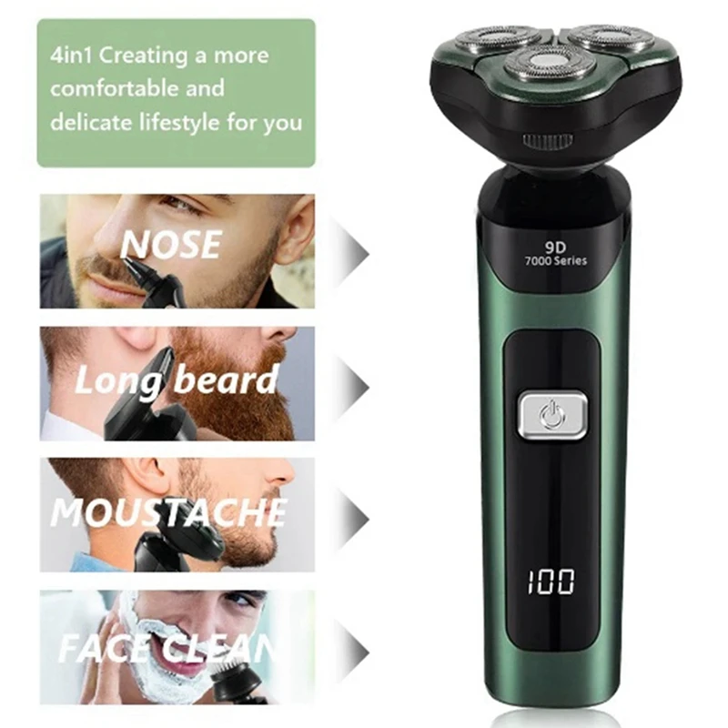 Electric Shaver LCD Digital Display Three-Head Floating Rechargeable Smart Razor Waterproof Shaver Type-C Charge