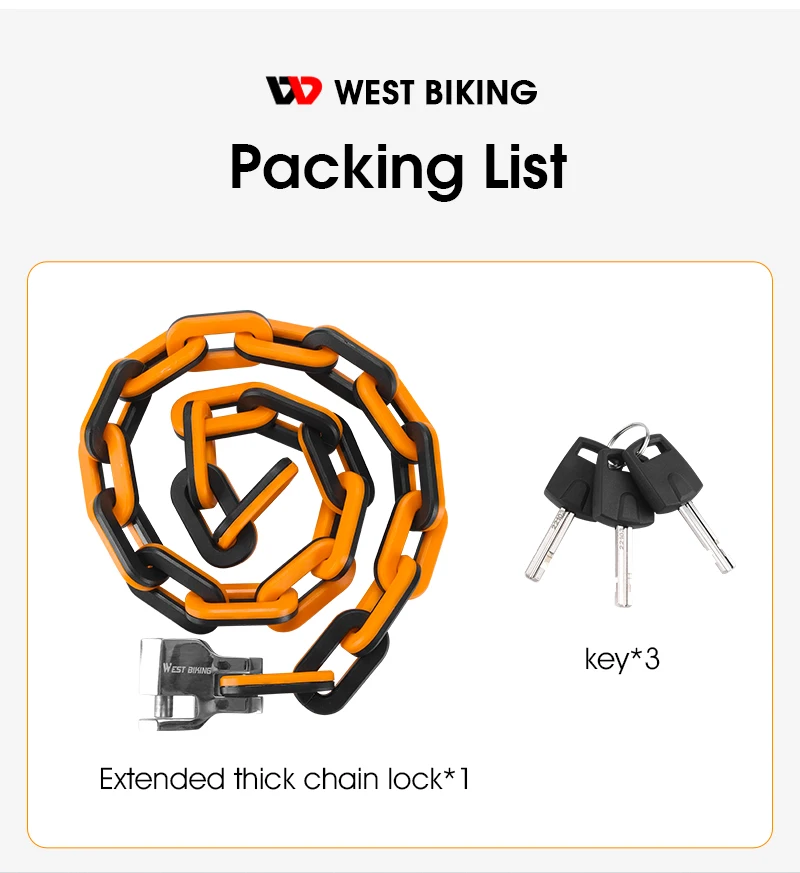 WEST BIKING Bicycle Lock MTB Road Bike Heavy Duty Safety Anti-Theft Chain Lock for Motorcycle Lengthen Thicken Chain Anti-Rust