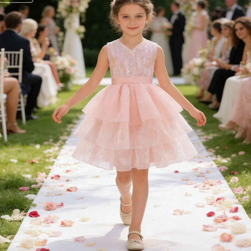 Festive Dress For Girl Pink Sequins Princess Dress Kids Wedding Bridesmaid Gown Elegant Birthday Party Pageant Girls Dresses
