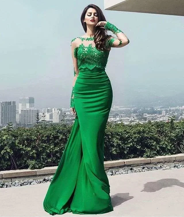 Vestidos de noite sem encosto Ilusão até o chão, Mangas compridas, Vestidos de sereia verde, Vestidos elegantes, Vestido de festa formal Dubai, 2024