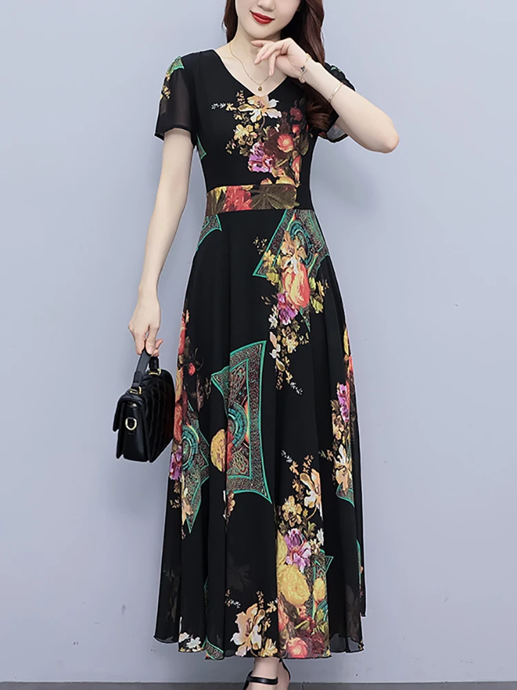 2024 Boho Floral Chiffon Casual Long Dress Summer Elegant Luxury Party Evening Dress Women Korean Vintage Bodycon Prom Vestidos