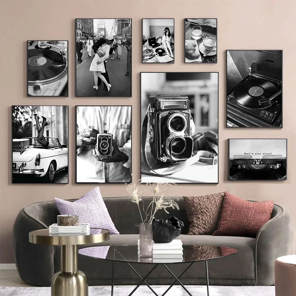 Black And White Vinyl Record Camera Wall Art Canvas Painting Vintage Typewriter Phonograph Posters And Prints Picture Home De