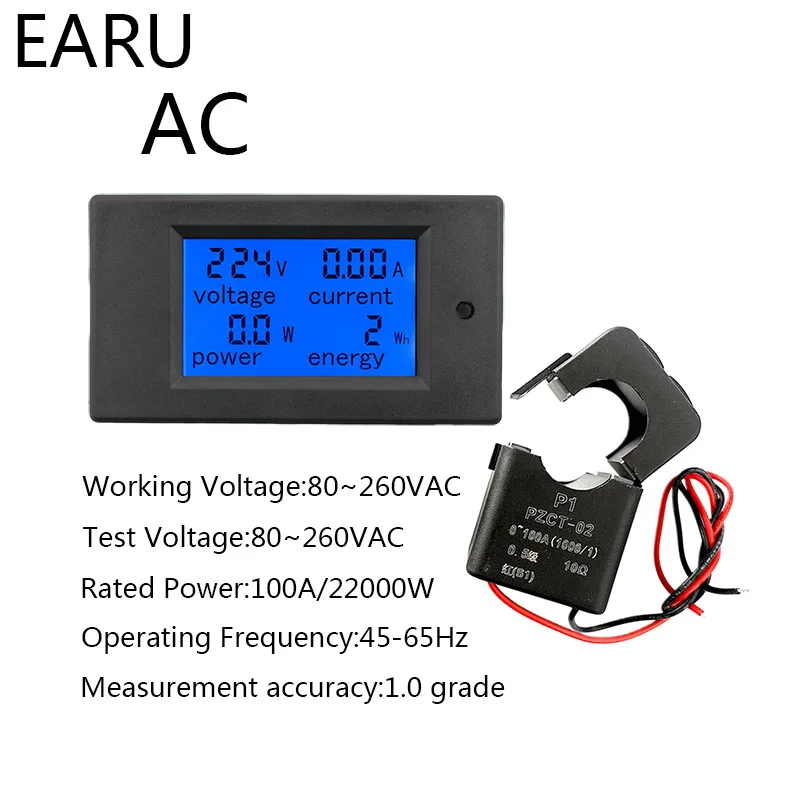 Imagem -02 - Medidor de Energia Preciso Voltímetro Amperímetro Kwh Watt Medidor de Energia Tensão Atual Monitor de Energia Testador Elétrico 100a 20a ac 80 260v