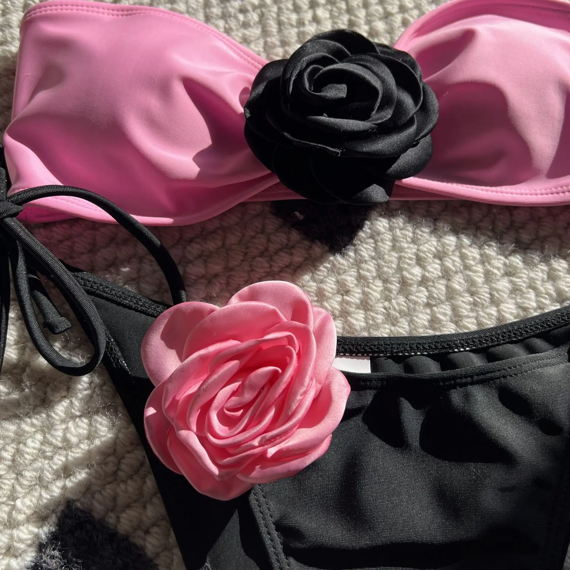 Bikini Set Sexy 3d Roze Bloem Bloemen Push-Up Badkleding Vrouwen String Badpak Badpak Bader Bikini 2024 Muejr Zwemkleding