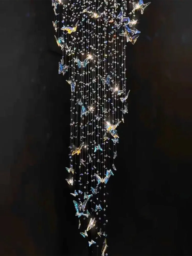 Hotel Lobby Attic Butterfly Crystal Multi Head Long Chandelier Living Room Interior Decoration K9