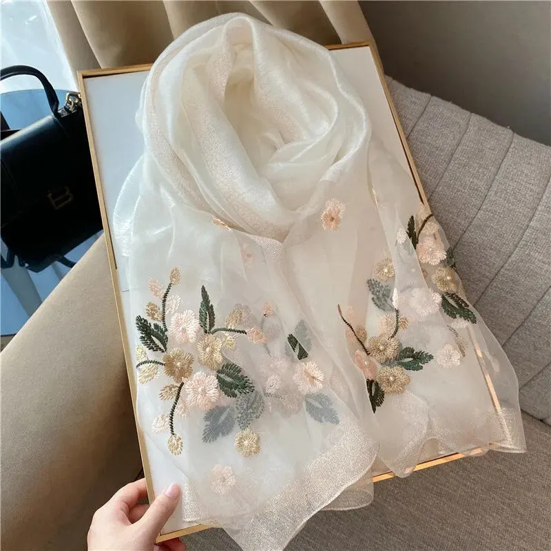 Fashion Organza Silk Scarf With Embroidered Shawl Women Pearl Hijab Elegant Long Scarves Summer Solid Color Headscarf 180*70cm