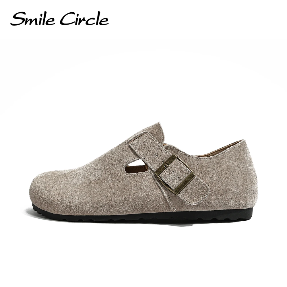 Smile Circle London Suede Leather Shoes Women closed-toe styles Cork Buckle Casual Shoes For Women Flats