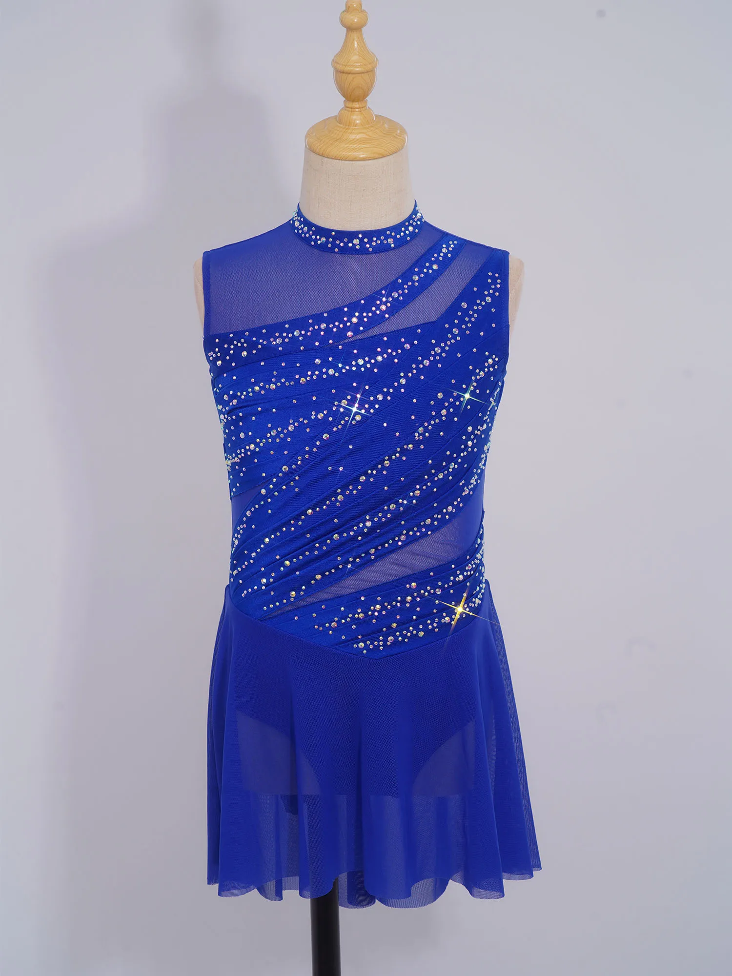 أطفال بنات يوتار الشكل التزلج فساتين الرقص الغنائي أداء زي بلا أكمام بقماش شفاف المرقعة حجر الراين اللباس