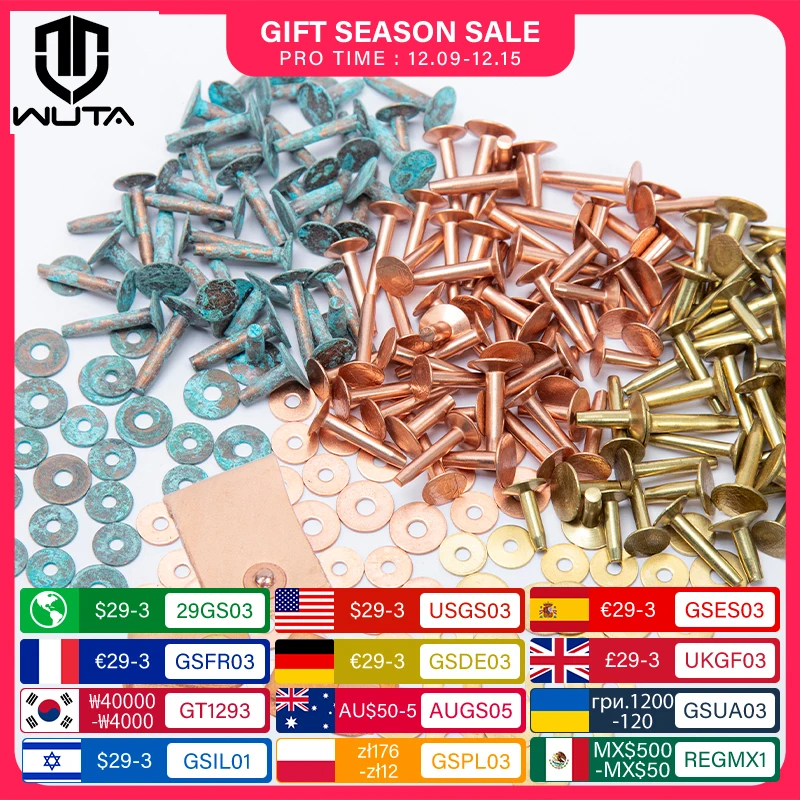 WUTA 50/100 Set Solid Brass Rivets With Burrs,Copper Rivets Studs Permanent Tack Fasteners Leather Craft,Belts,Halters,Bridle