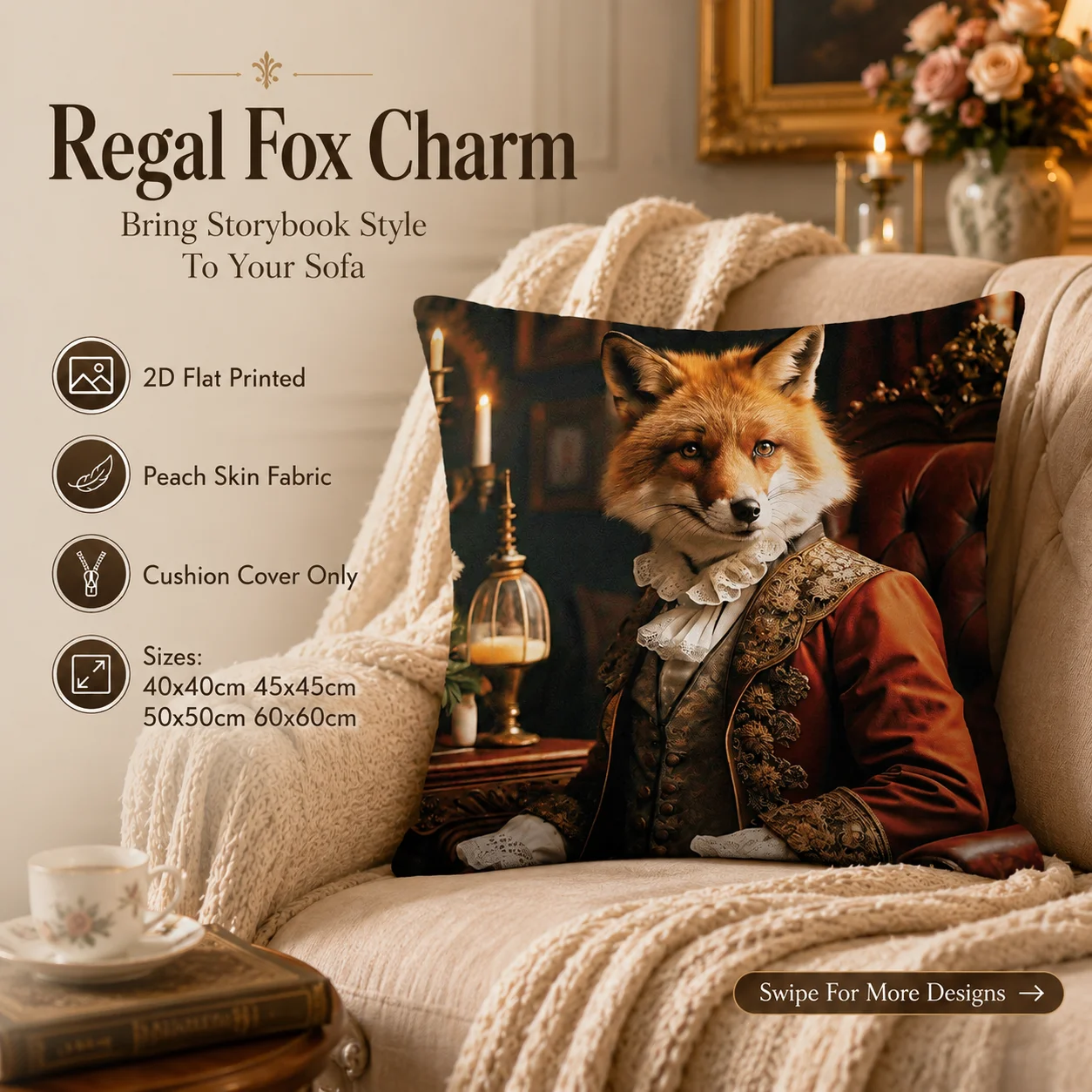 

Vintage Animal Portrait Pillowcase 2D Flat Printed Peach Skin Fabric Cushion Cover for Sofa Living Room Victorian Home Decor