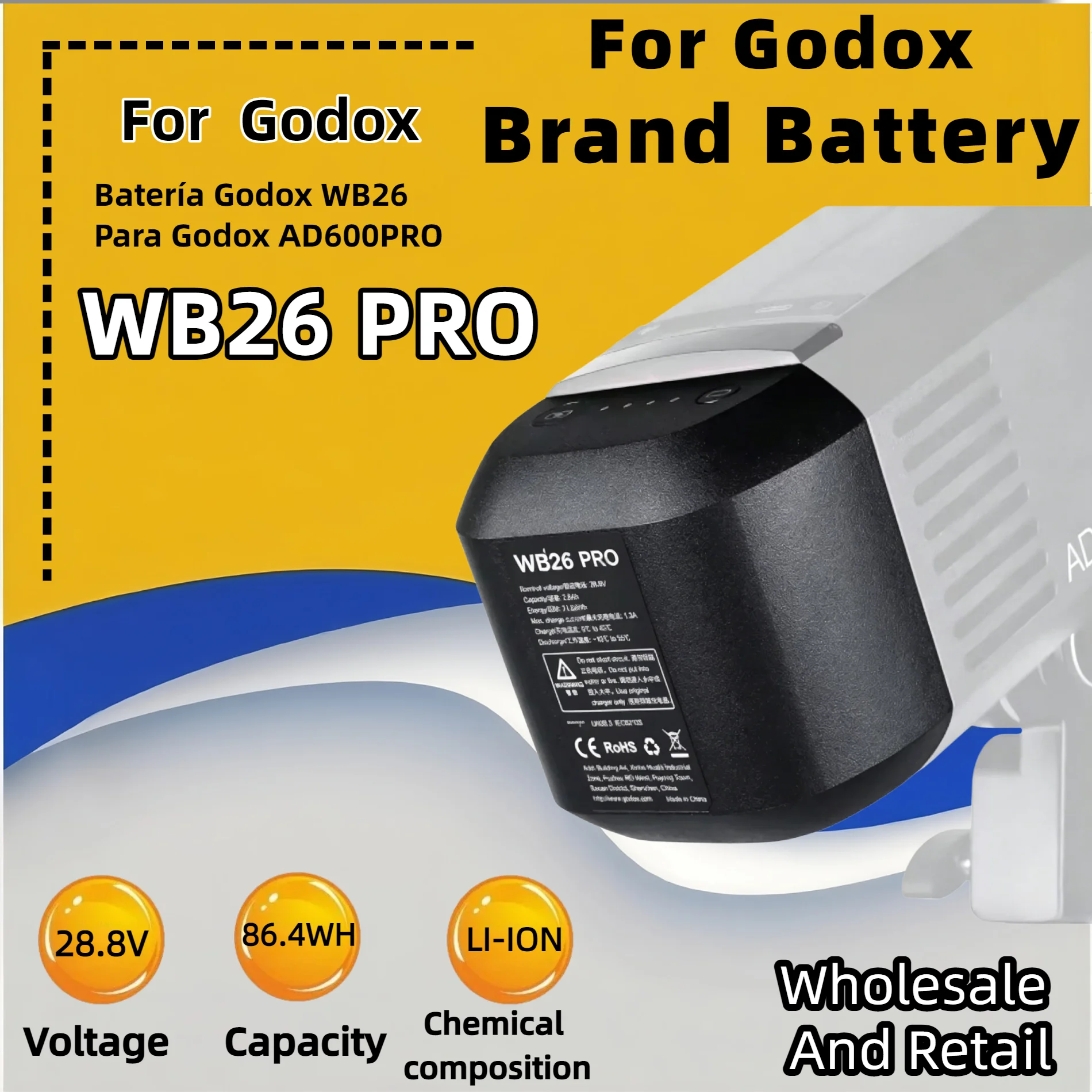 FRLESUI 86.4Wh WB26 PRO Battery Li-ion Batterypack High-Capacity Power for Godox AD600 Pro Outdoor Photography Flash Accessories