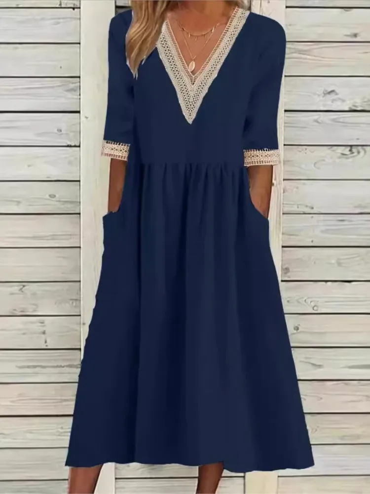 Loose Lace Splicing V Neck Half Sleeve Long Dress Women Solid Cotton Linen Dresses Female Srping Summer Pocket Robe Femme