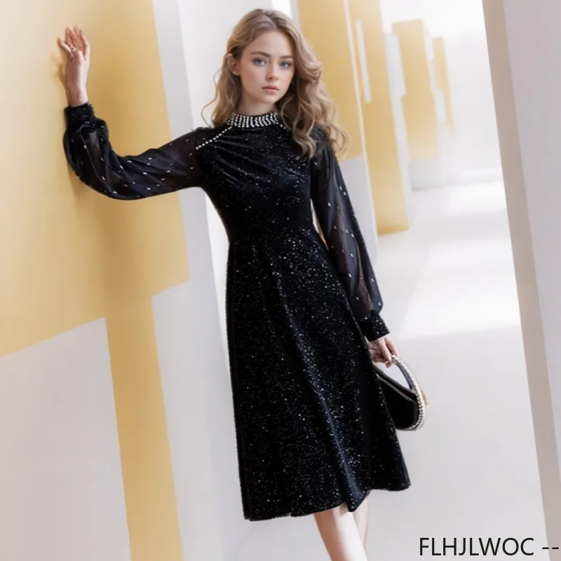 Robe Longue en Velours Noir pour Femme, Tenue Élégante de Soirée, de Nouvel An, Rétro, Vintage, Design Français, Perle Bling