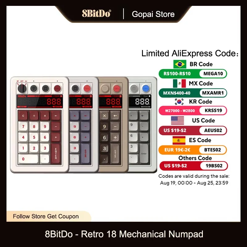 8BitDo Retro 18 Mechanical Numpad, Supports Calculator Mode, Bluetooth / 2.4G / Wired Numpad for Windows and Android