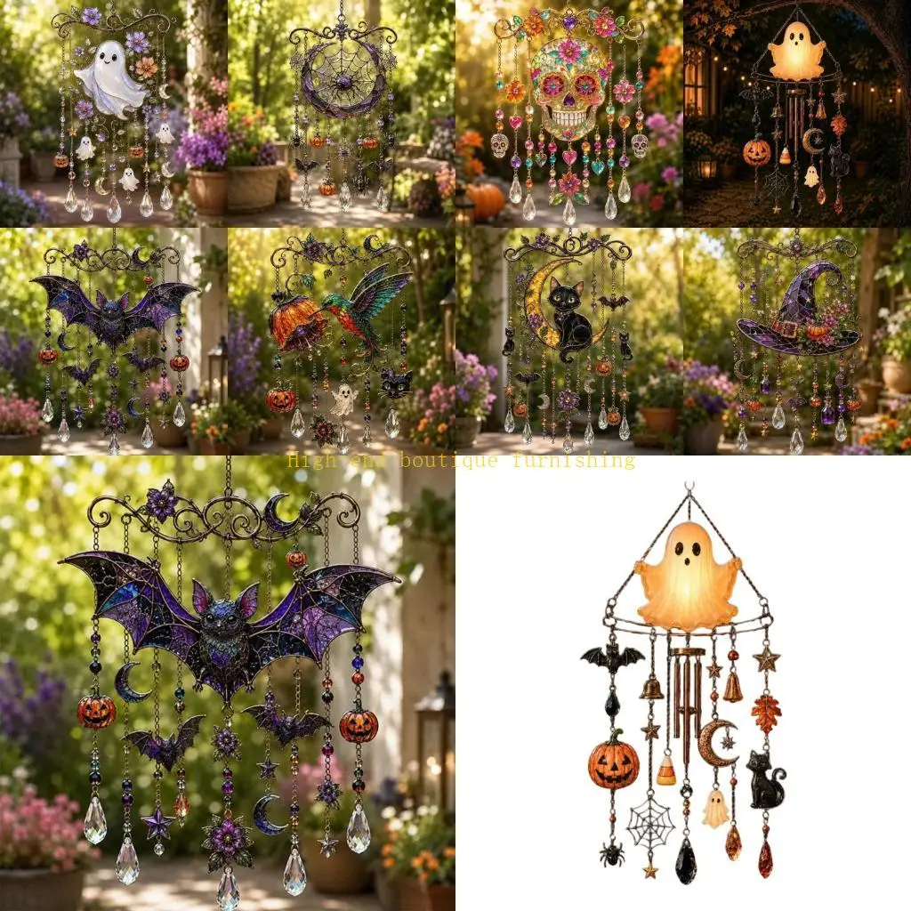 L9NB Halloween Suncatchers Wind Chimes Window Hanging Ornament Acrylic Suncatchers Wind Chimes with Dangle Drop for Entryway
