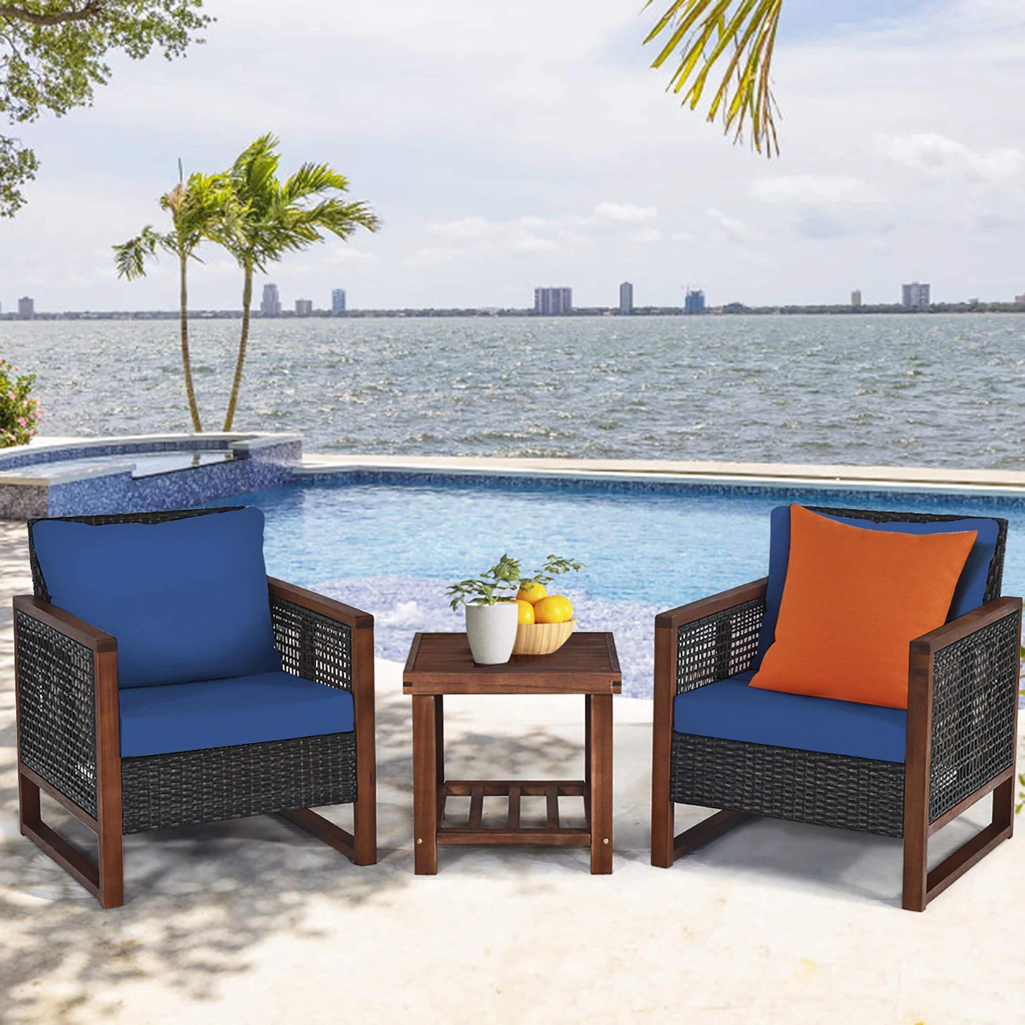 3PCS Patio Wicker Furniture Set Wooden Frame Cushion Sofa Shelf Navy