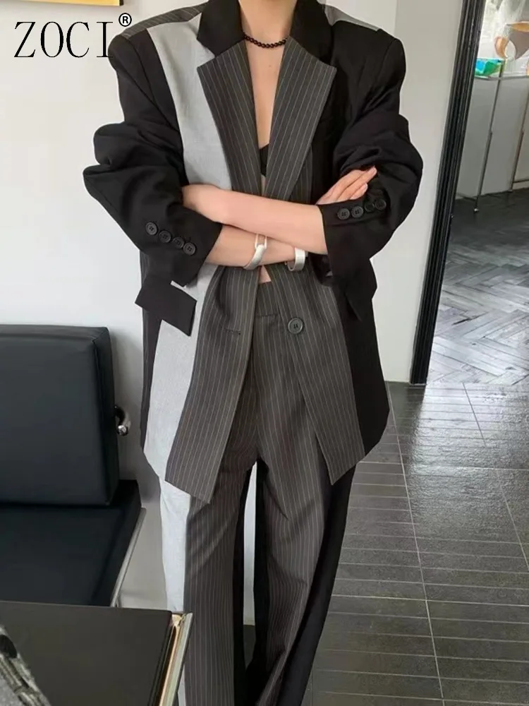 

ZOCI Women's Stitching Color Blazers Patchwork Unique Design Suit Jackets For Female Long Sleeve Notched Coats 2025 Spring New