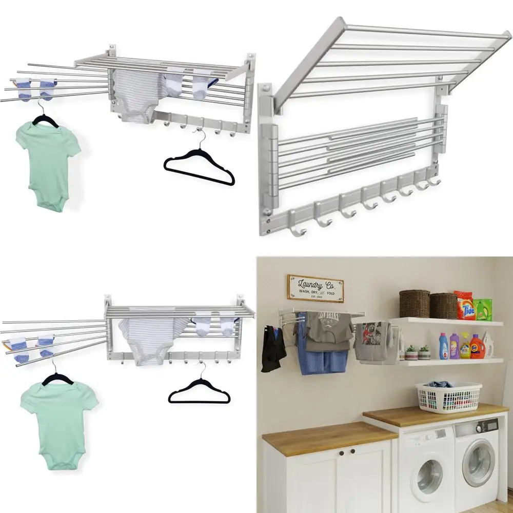 

Wall Mount Metal Laundry Drying Rack with Swing Arms and Hooks, Space-Saving Clothes Organizer for Laundry Room