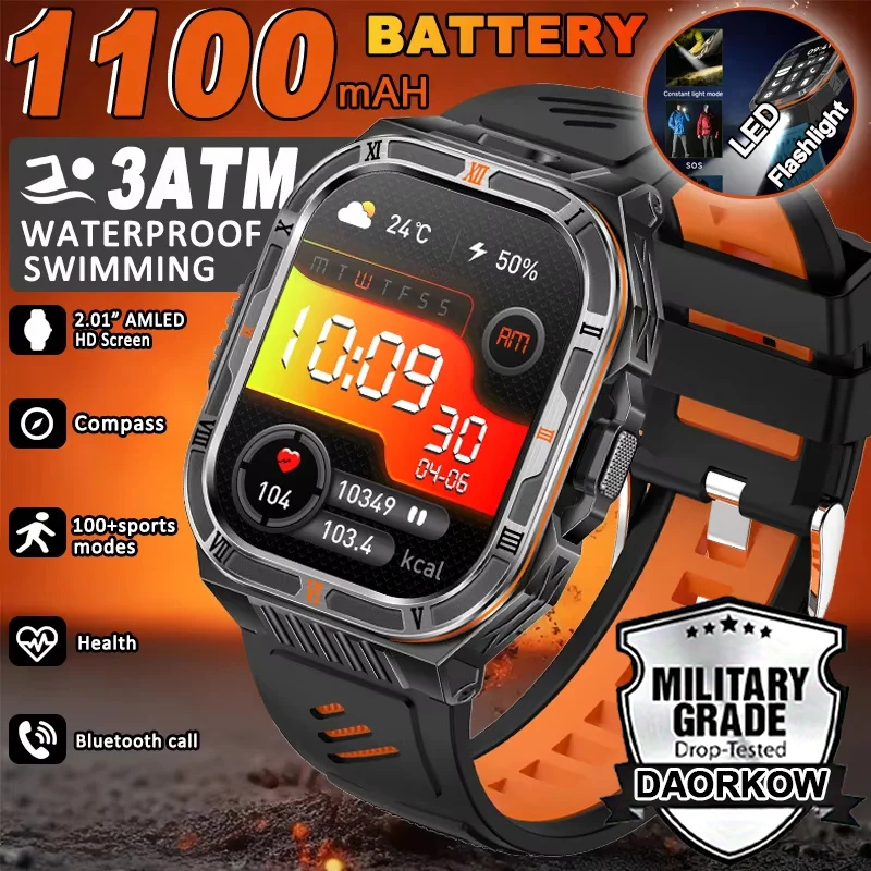 

1100mAh Men Women Smart Watch Compass Outdoor Sports Wrist Watch Anti-fall Strong Fashlight Bluetooth Call Heart Rate Smartwatch
