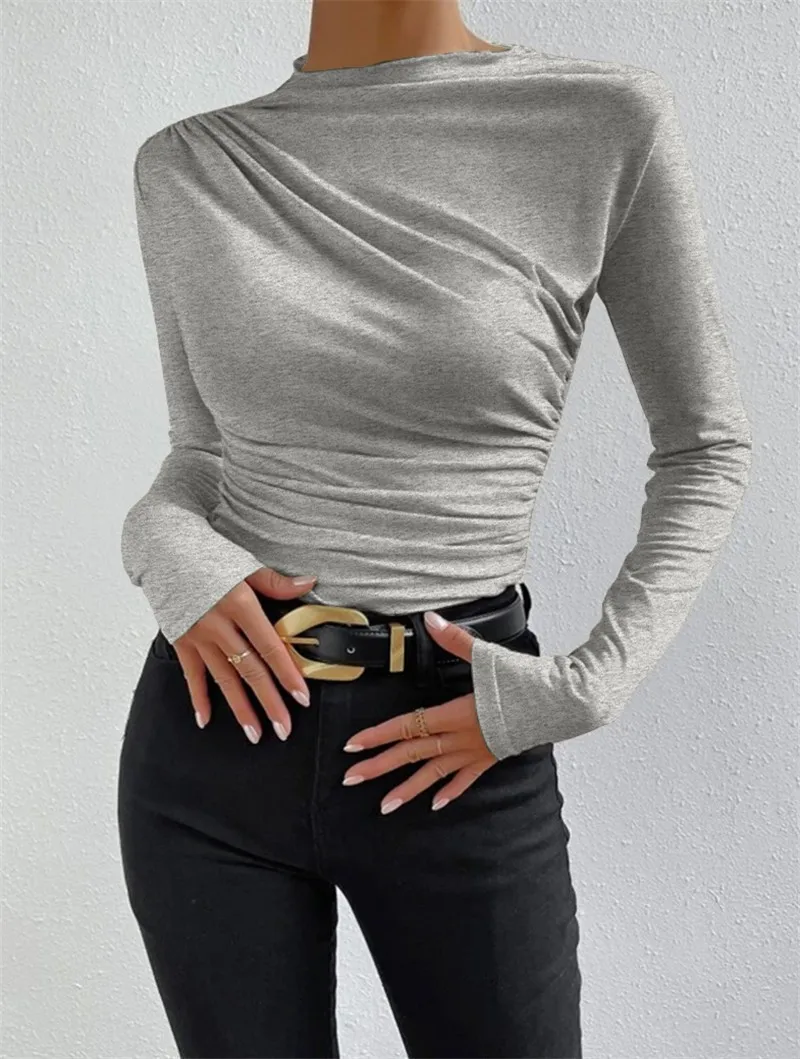 Women Solid Ruched Long Sleeve Tops Half High Neck Slim Fit Stretch Pullover Blouse Elegant Ladies Pleated Waist T Shirt Autumn