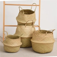 Folding Clthoes Laundry Basket Handmade Woven Storage Basket Straw Wicker Rattan Seagrass Belly Garden Flower Pot Plant Basket