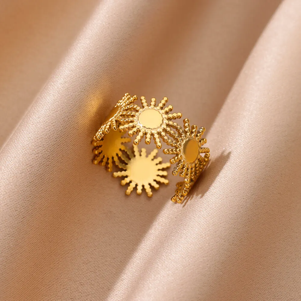 Stainless Steel Sun Rings For Women Men Gold Color Open Wide Ring Female Male Wedding Party Finger Jewelry Gift 2024 New Trend