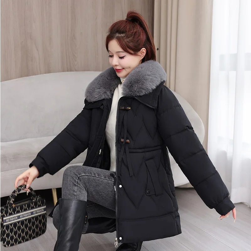 Women Mid Lenth Parkas Coats Oversize Jackets Solid Fur Collar Zipper Drawstring Elastic Loose Casual Elegant Autumn Winter 2025