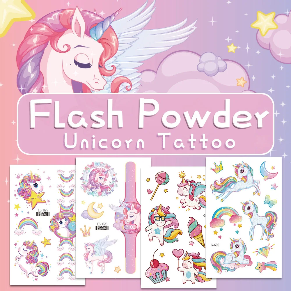 12 Blatt glitzernde rosa Einhorn-temporäre Tattoos, glitzernde Stile, wasserfest, glänzendes Regenbogen-Einhorn, Geburtstagsparty-Zubehör – Detail 1