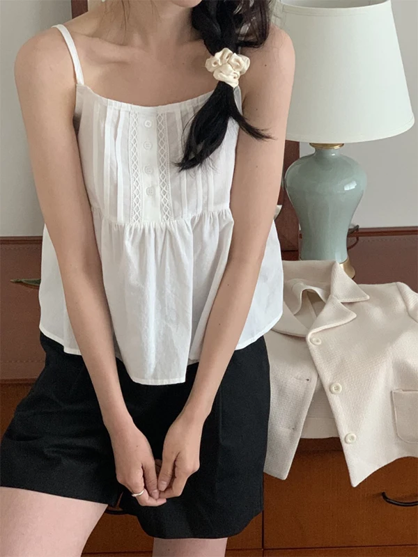 시크하고 신선하며 귀여운 여성용 민소매 탱크탑 여름 2025 디자인 감각 트렌디 출퇴근 스타일 순색 기타 소재 00