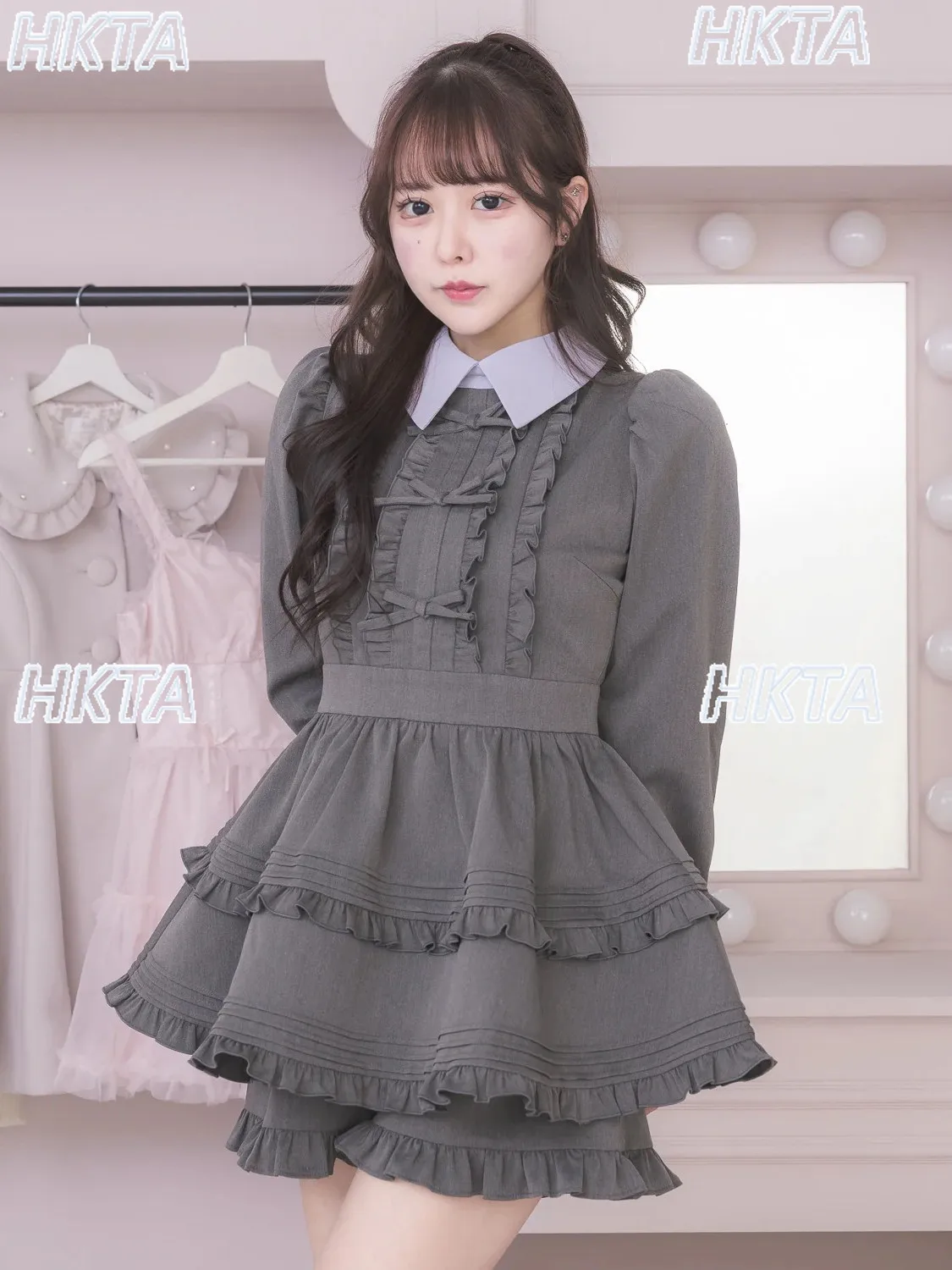 Japanese Commuter Vintage Sweet Lolita Ruffle Cake Bow Plaid High Waist Slim Long Sleeved Dress Shorts Autumn Black Suits Women