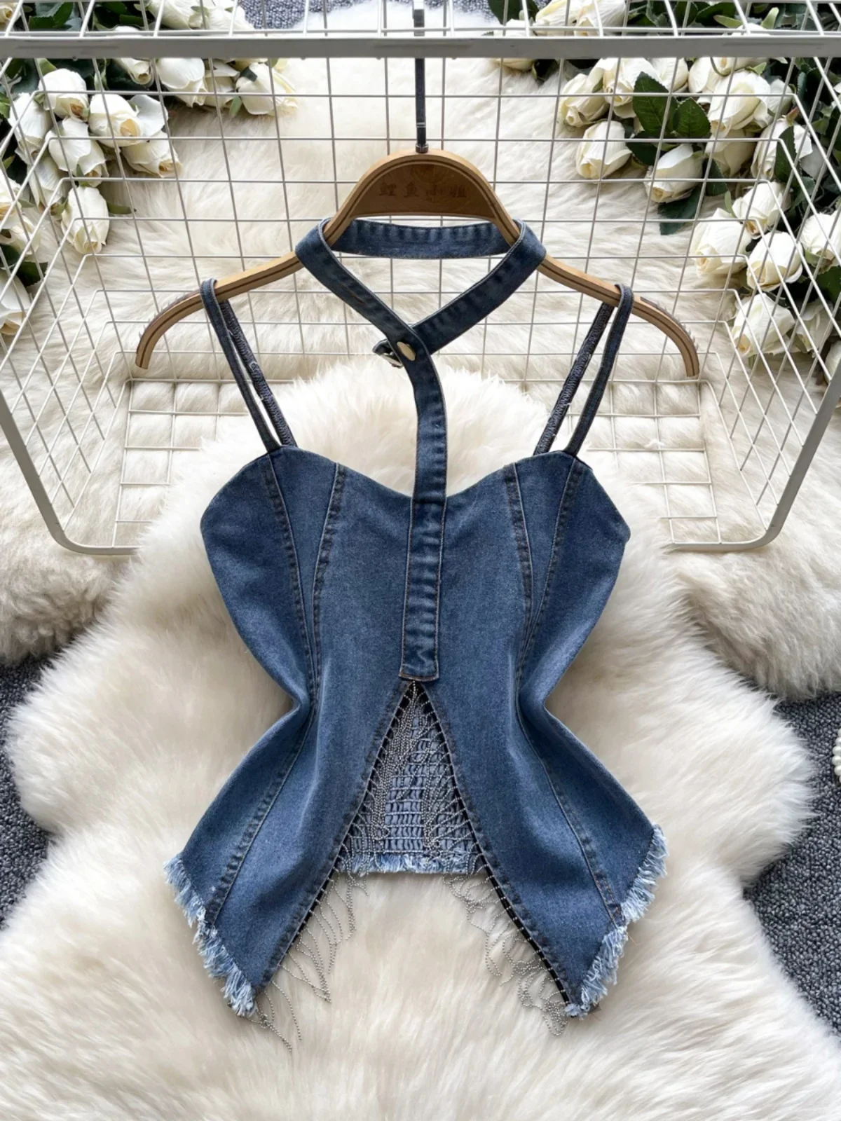 Foamlina American Streetwear Girls 's Halter Suspender Denim Tube Top Women's Summer Rough Edge Splicing Pure Desire Vest Top