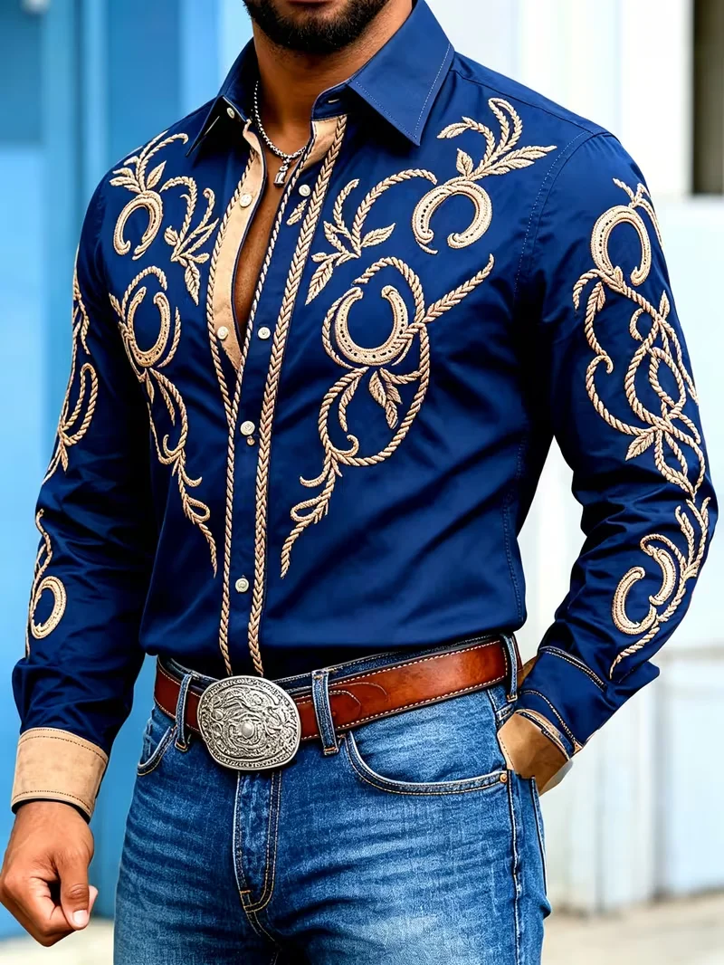 New men's retro ancient world map full of 3D printed patterns long sleeved shirt with hanging collar top clothing
