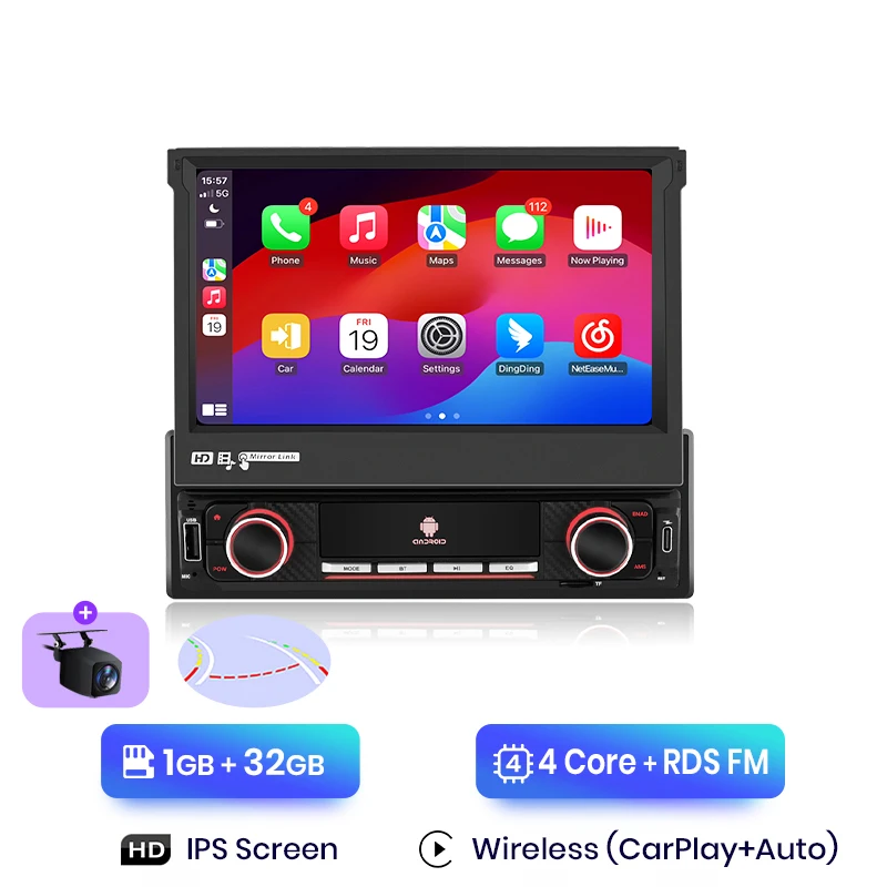 Junsun 7 "Automatisch intrekbaar IPS-aanraakscherm Universeel 1 Din Draadloos CarPlay Android Auto Stereo Radio GPS-navigatie
