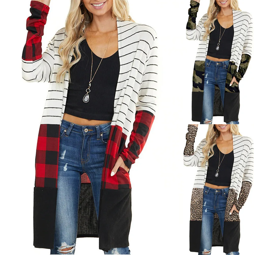 Wish Knitted Women's New Stripe Contrast Splicing Checkered Casual Women's Coat