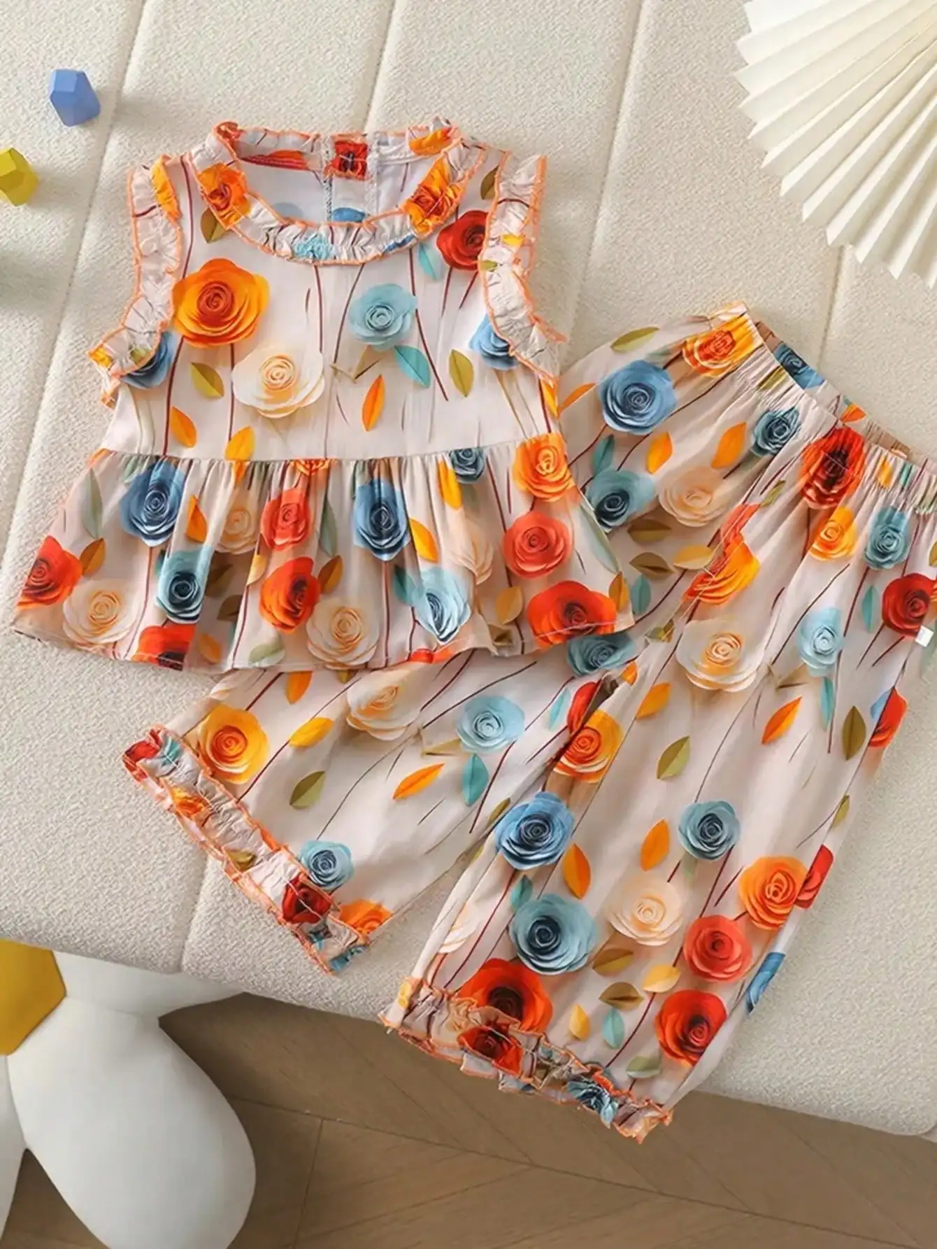 Unique floral sleeveless top and wide leg pants set - colorful plant print, women's fashionable summer clothing