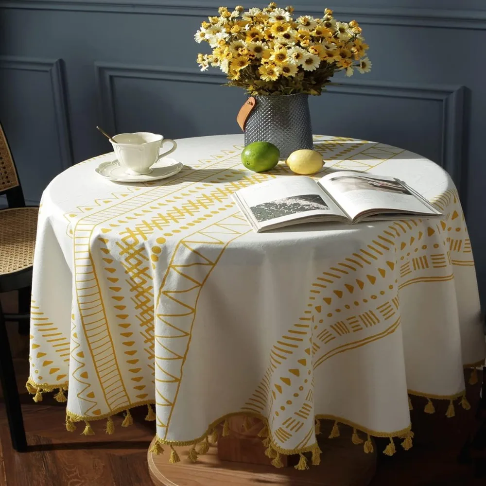 

Хлопково-льняная квадратная круглая скатерть в стиле бохо с кисточками, декор для фермерского дома, скатерть без морщин, крышка стола для дома и улицы