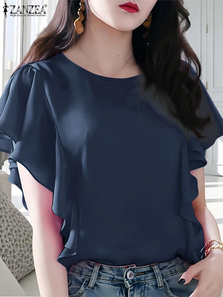 

2025 ZANZEA Summer Office Shirt Women Elegant Short Sleeve Work OL Blouse Fashion Solid Tops O Neck Blusas Tunic Ruffles Chemise