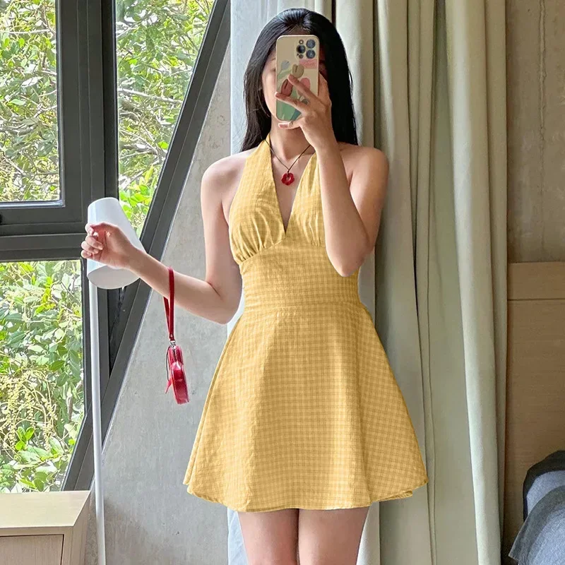 Sexy halter hanging neck plaid A pendulum dress women's summer new waist slim hot girl wind skirt