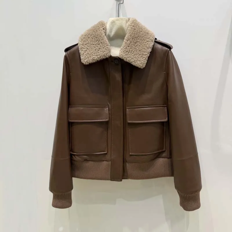 new fashion genuine leather jacket with real wool collar short length big pockets Inner lining with cotton thick warm