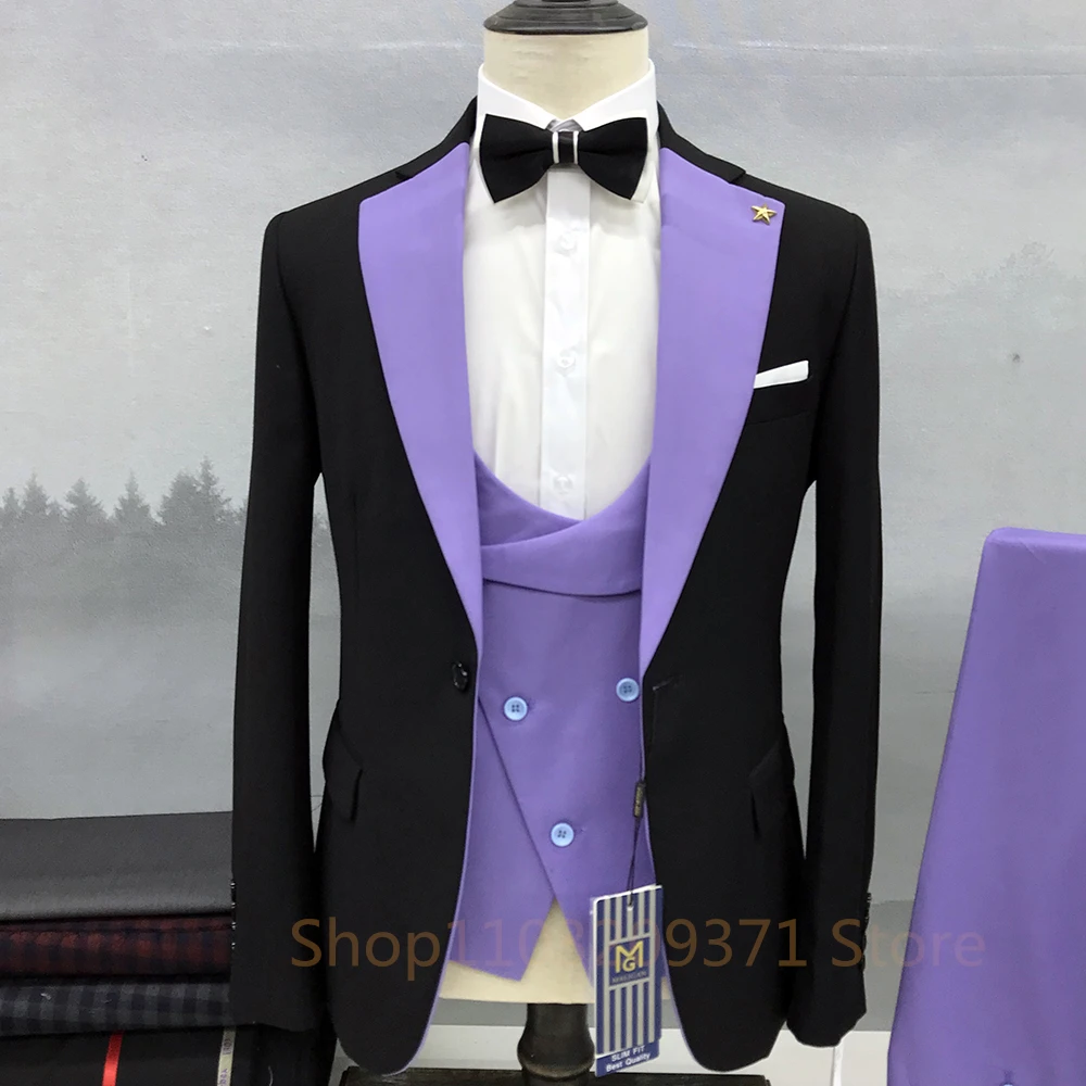 3 Piece Men\'s Suit Wedding Groom Tuxedo Black Jacket Set Formal Blazer Purple Pants Vest Slim Fit Outfit Costume Mariage Homme